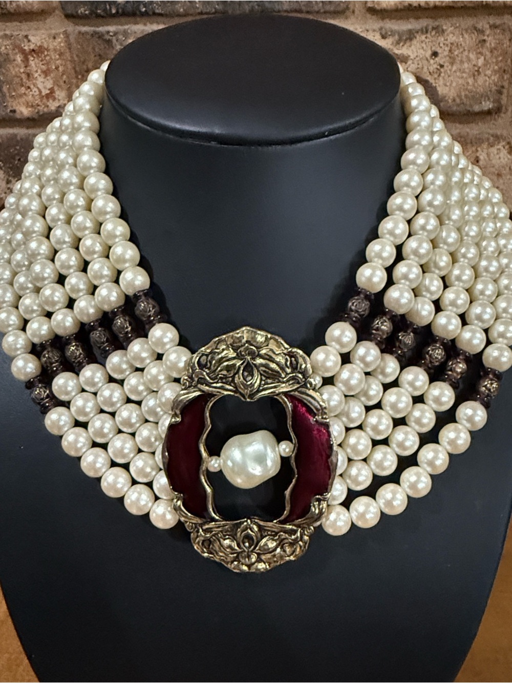 Vintage Victorian 6 strand faux pearl rose beads red center frame choker necklac